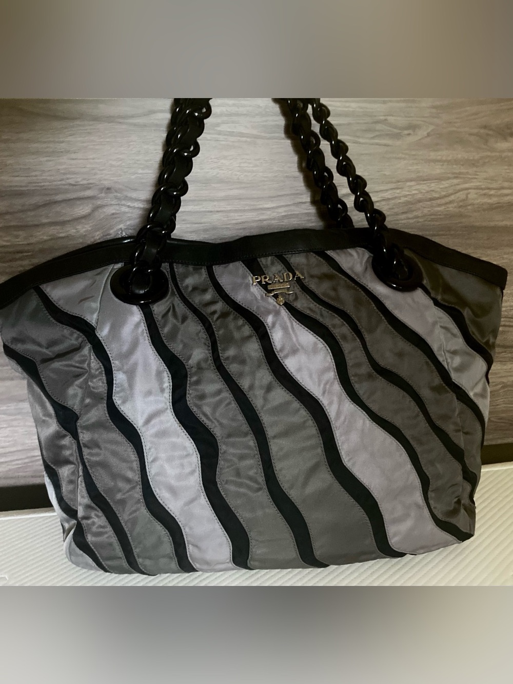 Prada Vintage Gray Black Wave Chain Handle Tote